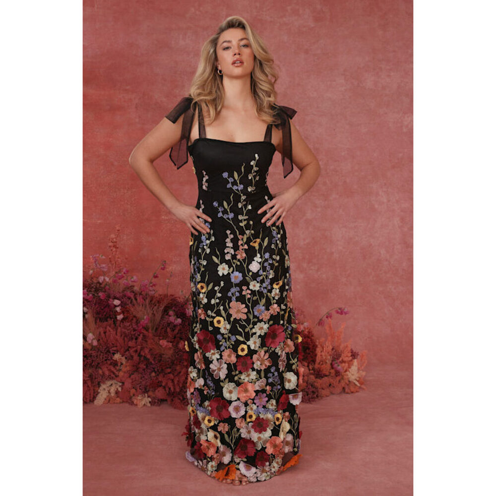 Lulus Thriving Poise Black 3d Floral Embroidered Tie-strap Maxi Dress - Size M